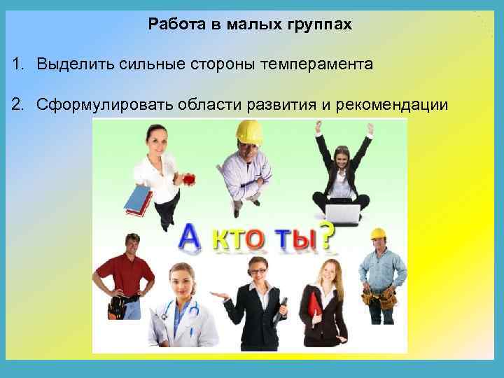Работа в малых группах 1. Выделить сильные стороны темперамента 2. Сформулировать области развития и