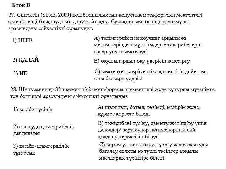 Блок В 27. Синектің (Sinek, 2009) көшбасшылықтың конустық метафорасын мектептегі өзгерістерді басқаруда қолдануға болады.