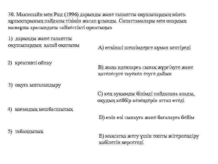 30. Макэлпайн мен Рид (1996) дарынды және талантты оқушылардың мінезқұлықтарының пайдалы тізімін жасап ұсынды.