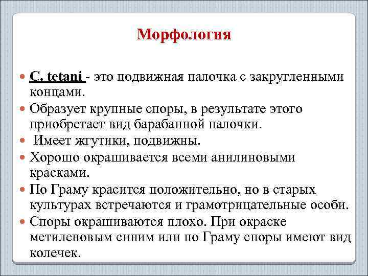 Морфология C. tetani - это подвижная палочка с закругленными концами. Образует крупные споры, в