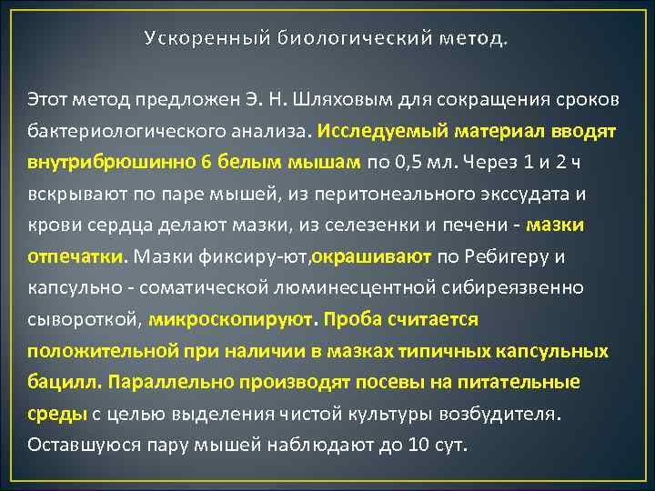 Ускоренный биологический метод. Этот метод предложен Э. Н. Шляховым для сокращения сроков бактериологического анализа.