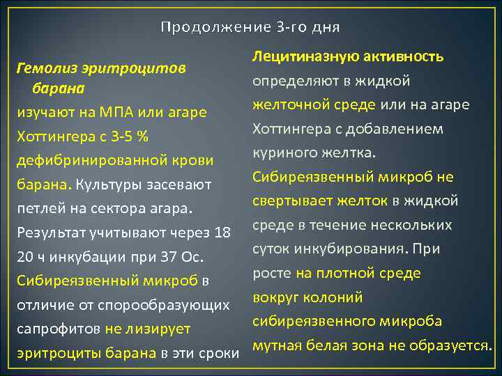 Продолжение 3 го дня Лецитиназную активность Гемолиз эритроцитов определяют в жидкой барана желточной среде