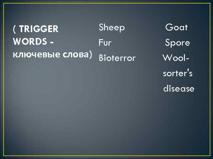 Sheep ( TRIGGER WORDS Fur ключевые слова) Bioterror Goat Spore Woolsorter's disease 