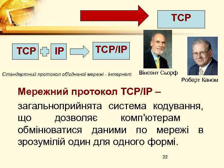 ТСP IP ТСP/IP Стандартний протокол об'єднаної мережі - Інтернет Вінсент Сьорф Роберт Каном Мережний