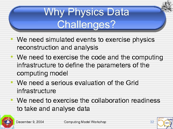 Why Physics Data Challenges? • We need simulated events to exercise physics • •