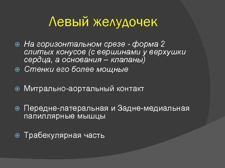 Левый желудочек На горизонтальном срезе - форма 2 слитых конусов (с вершинами у верхушки