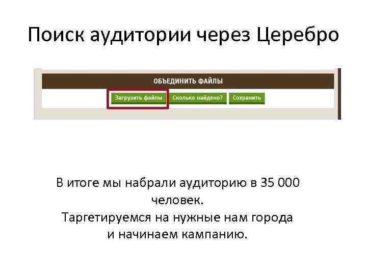 Поиск аудитории через Церебро В итоге мы набрали аудиторию в 35 000 человек. Таргетируемся
