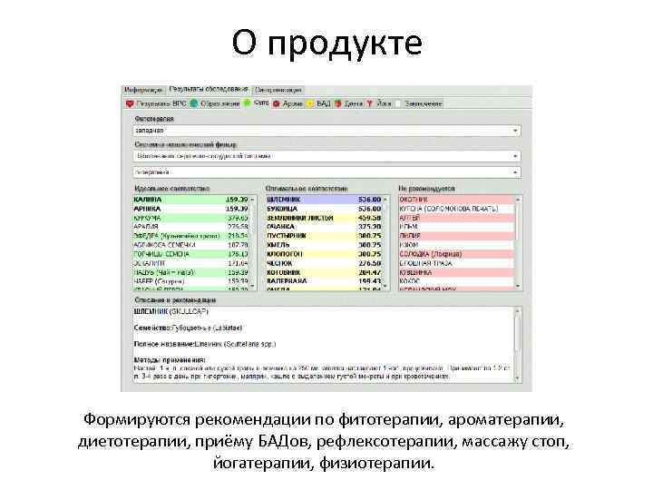 О продукте Формируются рекомендации по фитотерапии, ароматерапии, диетотерапии, приёму БАДов, рефлексотерапии, массажу стоп, йогатерапии,