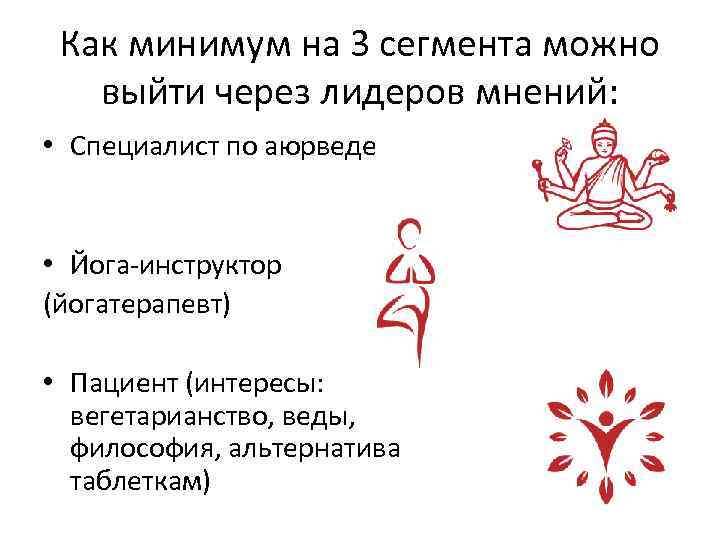 Как минимум на 3 сегмента можно выйти через лидеров мнений: • Специалист по аюрведе