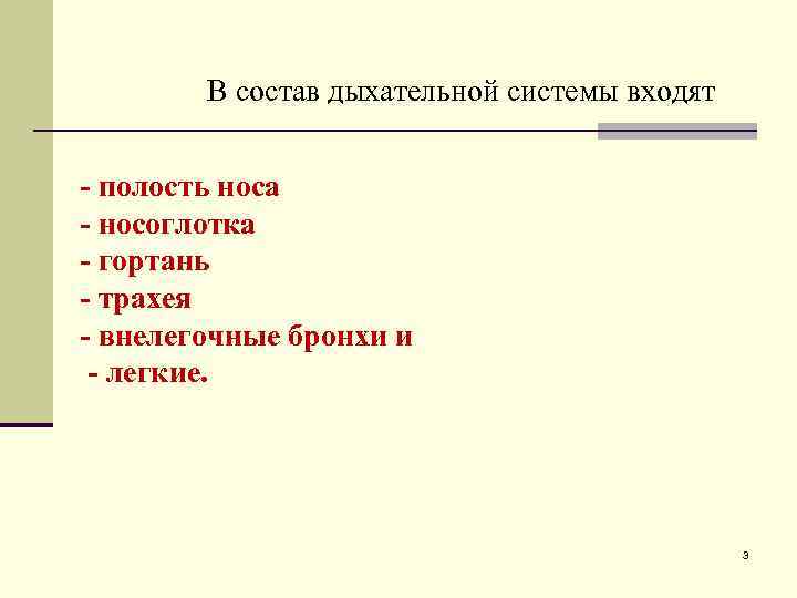 В состав дыхательной системы входят - полость носа - носоглотка - гортань - трахея
