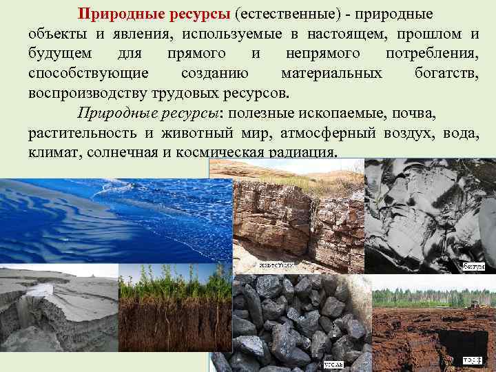 Природные ресурсы (естественные) - природные объекты и явления, используемые в настоящем, прошлом и будущем