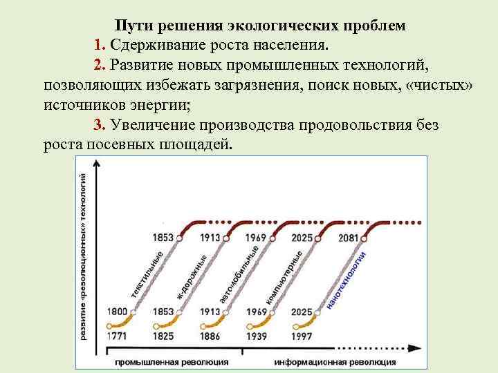 Пути решения экологических проблем 1. Сдерживание роста населения. 2. Развитие новых промышленных технологий, позволяющих