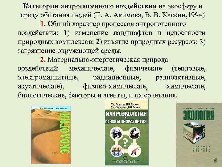 Категории антропогенного воздействия на экосферу и среду обитания людей (Т. А. Акимова, В. В.