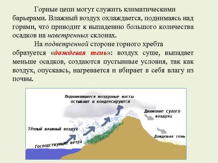 Горные цепи могут служить климатическими барьерами. Влажный воздух охлаждается, поднимаясь над горами, что приводит