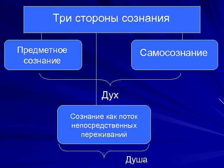 Три стороны сознания Предметное сознание Самосознание Дух Сознание как поток непосредственных переживаний Душа 