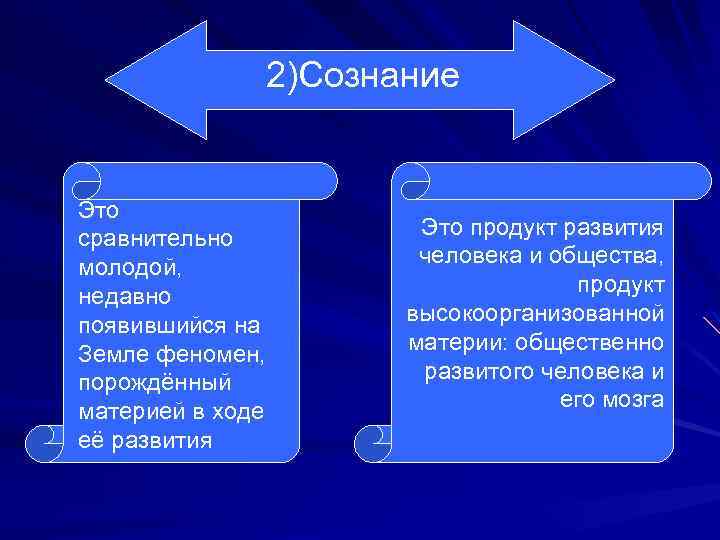 2)Сознание Это сравнительно молодой, недавно появившийся на Земле феномен, порождённый материей в ходе её