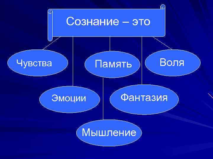 Сознание – это Чувства Память Эмоции Воля Фантазия Мышление 