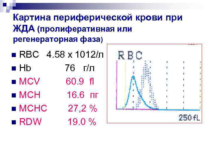 Картина периферической крови при ЖДА (пролиферативная или регенераторная фаза) RBC 4. 58 x 1012/л