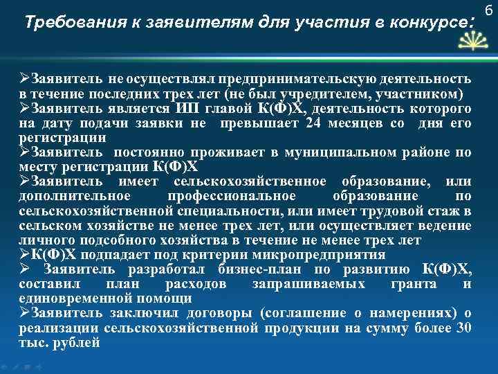 Требования к заявителям для участия в конкурсе: ØЗаявитель не осуществлял предпринимательскую деятельность в течение