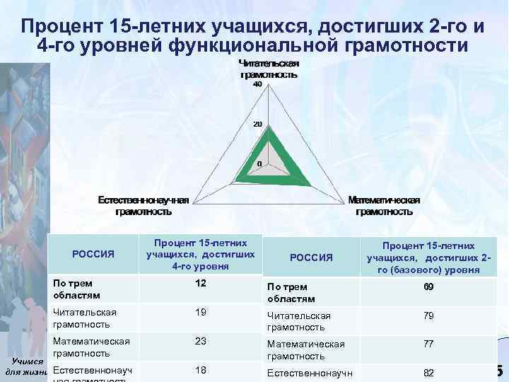 Процент 15 -летних учащихся, достигших 2 -го и 4 -го уровней функциональной грамотности РОССИЯ