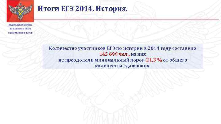 Итоги ЕГЭ 2014. История. Количество участников ЕГЭ по истории в 2014 году составило 145
