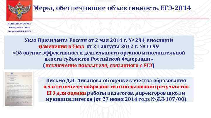Меры, обеспечившие объективность ЕГЭ-2014 Указ Президента России от 2 мая 2014 г. № 294,