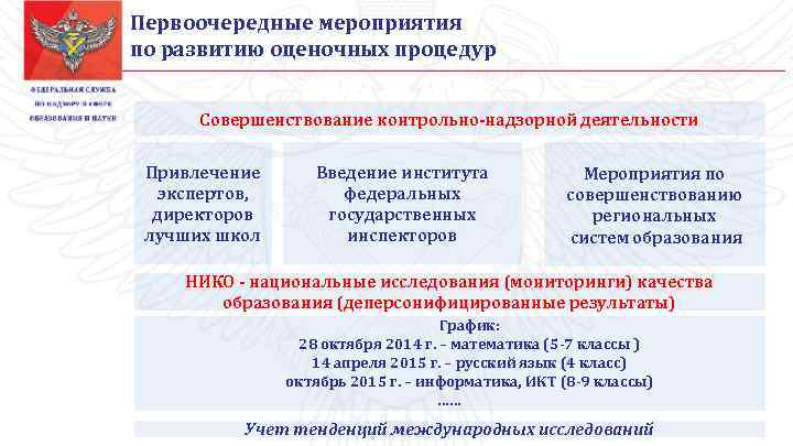 Первоочередные мероприятия по развитию оценочных процедур Совершенствование контрольно-надзорной деятельности Привлечение экспертов, директоров лучших школ