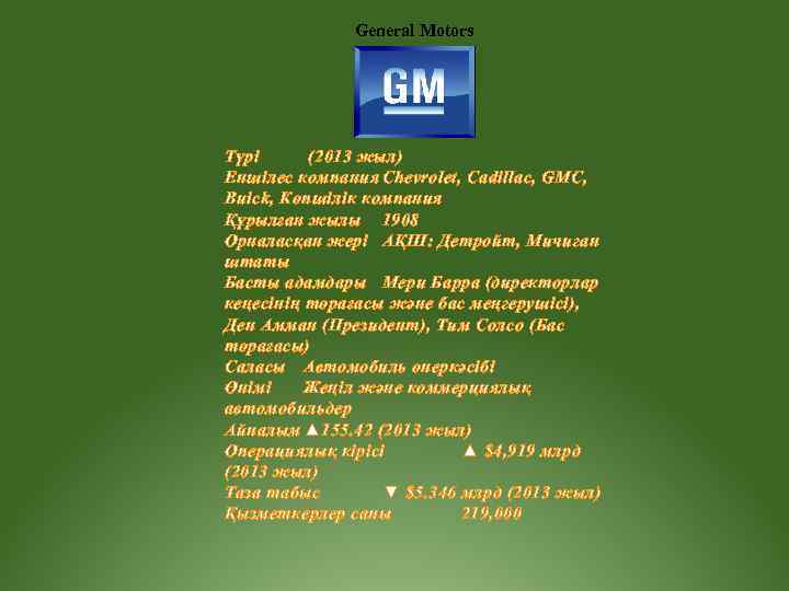 General Motors Түрі (2013 жыл) Еншілес компания Chevrolet, Cadillac, GMC, Buick, Көпшілік компания Құрылған