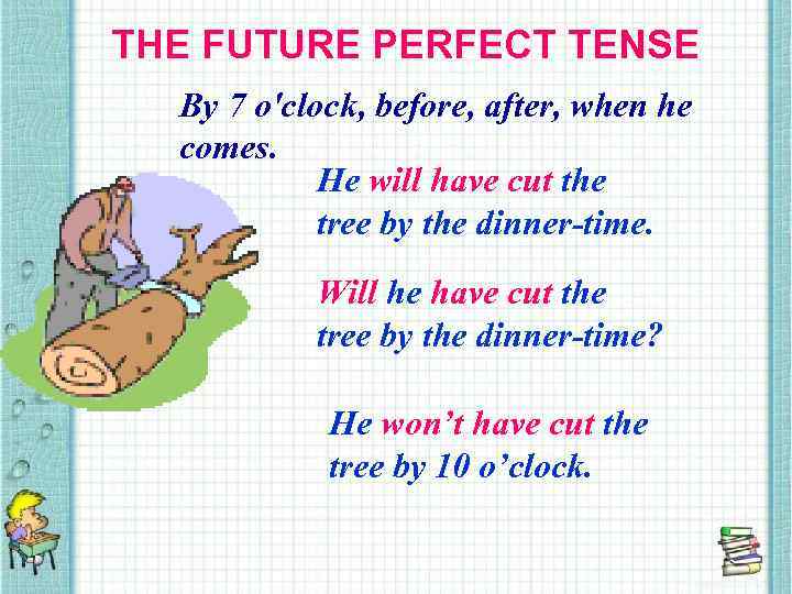 THE FUTURE PERFECT TENSE By 7 o'clock, before, after, when he comes. He will