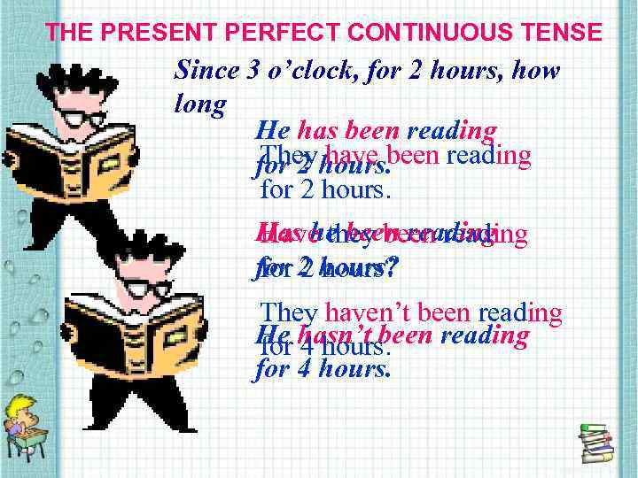 THE PRESENT PERFECT CONTINUOUS TENSE Since 3 o’clock, for 2 hours, how long He