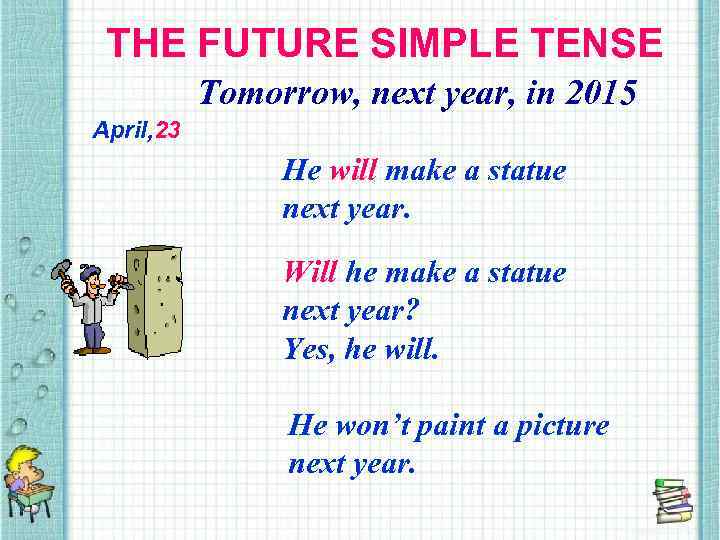 THE FUTURE SIMPLE TENSE Tomorrow, next year, in 2015 April, 23 He will make