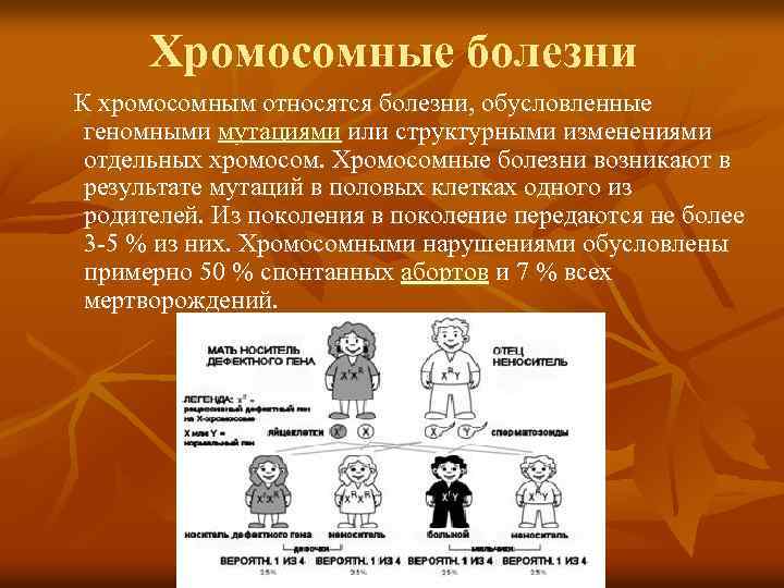 Хромосомные болезни К хромосомным относятся болезни, обусловленные геномными мутациями или структурными изменениями отдельных хромосом.