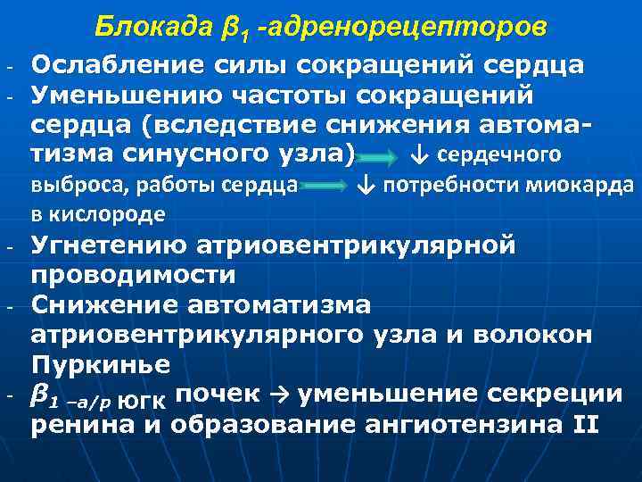 Блокада β 1 -адренорецепторов - - Ослабление силы сокращений сердца Уменьшению частоты сокращений сердца