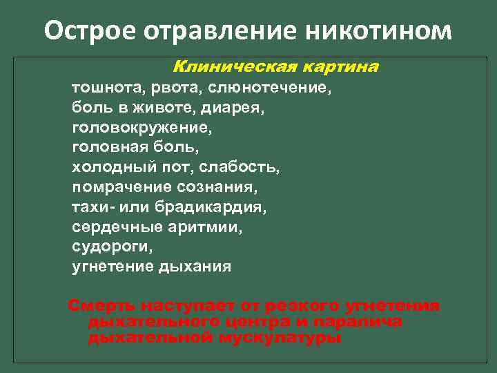 Острое отравление никотином Клиническая картина тошнота, рвота, слюнотечение, боль в животе, диарея, головокружение, головная