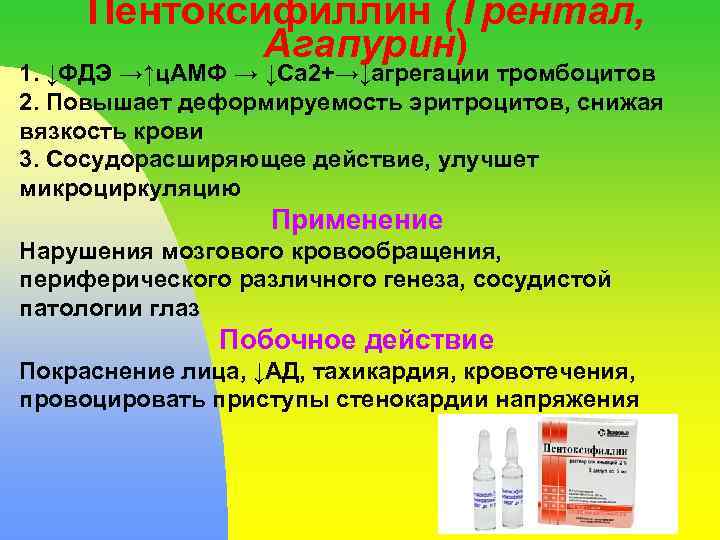 Пентоксифиллин (Трентал, Агапурин) 1. ↓ФДЭ →↑ц. АМФ → ↓Са 2+→↓агрегации тромбоцитов 2. Повышает деформируемость