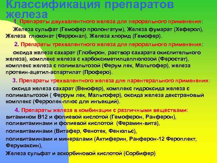 Классификация препаратов железа двухвалентного железа для перорального применения: 1. Препараты Железа сульфат (Гемофер пролонгатум),