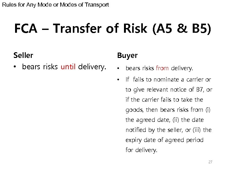 Rules for Any Mode or Modes of Transport FCA – Transfer of Risk (A