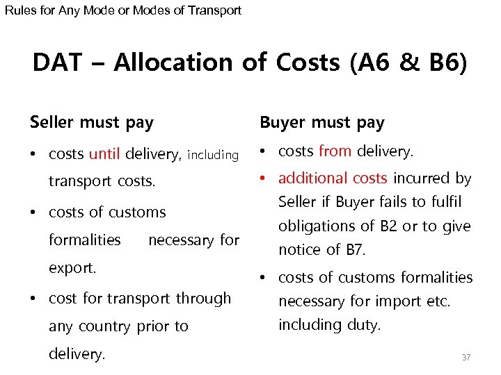 Rules for Any Mode or Modes of Transport DAT – Allocation of Costs (A