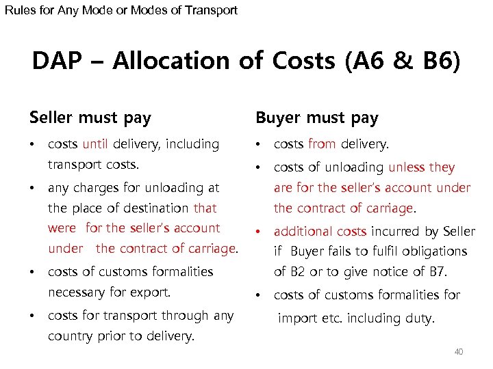 Rules for Any Mode or Modes of Transport DAP – Allocation of Costs (A
