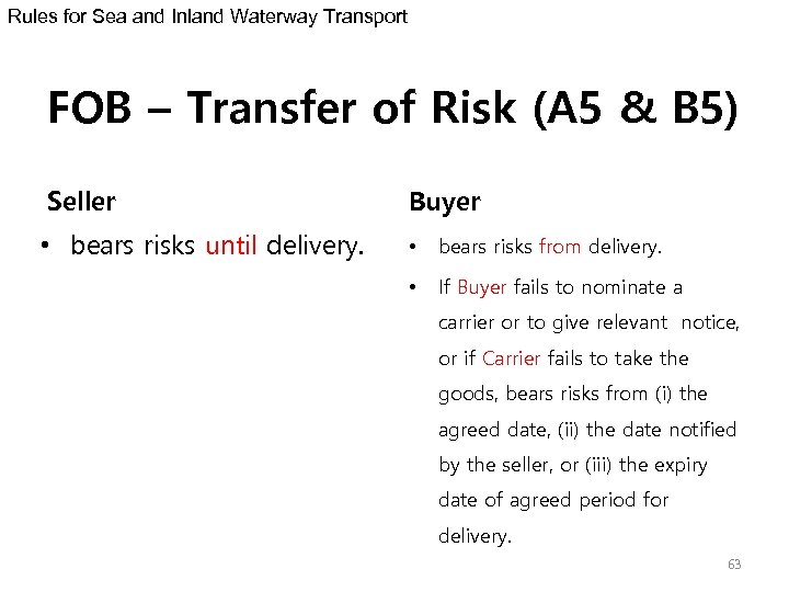 Rules for Sea and Inland Waterway Transport FOB – Transfer of Risk (A 5