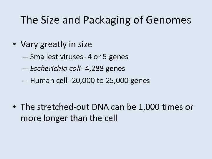 The Size and Packaging of Genomes • Vary greatly in size – Smallest viruses-