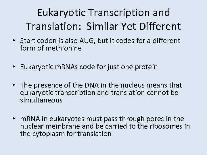 Eukaryotic Transcription and Translation: Similar Yet Different • Start codon is also AUG, but