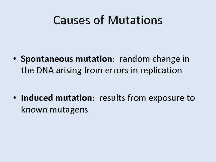 Causes of Mutations • Spontaneous mutation: random change in the DNA arising from errors