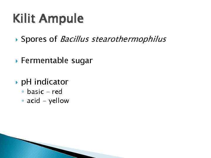 Kilit Ampule Spores of Bacillus stearothermophilus Fermentable sugar p. H indicator ◦ basic -