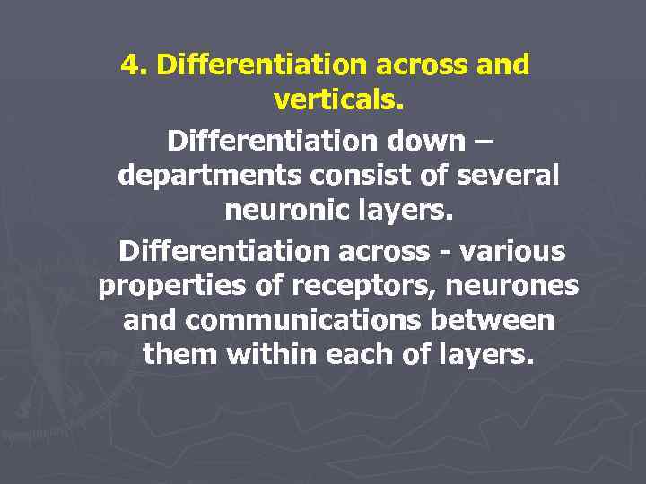 4. Differentiation across and verticals. Differentiation down – departments consist of several neuronic layers.