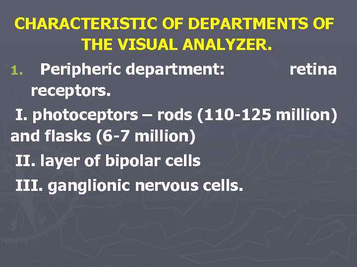 CHARACTERISTIC OF DEPARTMENTS OF THE VISUAL ANALYZER. 1. Peripheric department: receptors. retina I. photoceptors