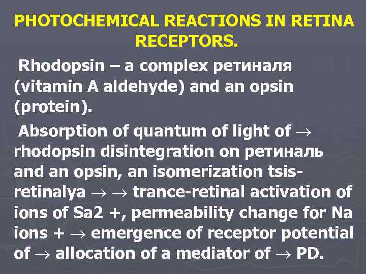 PHOTOCHEMICAL REACTIONS IN RETINA RECEPTORS. Rhodopsin – a complex ретиналя (vitamin A aldehyde) and