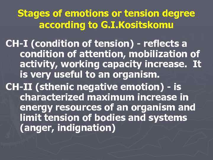 Stages of emotions or tension degree according to G. I. Kositskomu CH-I (condition of