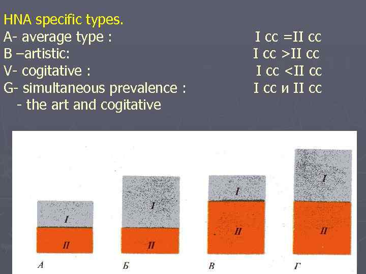 HNA specific types. А- average type : B –artistic: V- cogitative : G- simultaneous