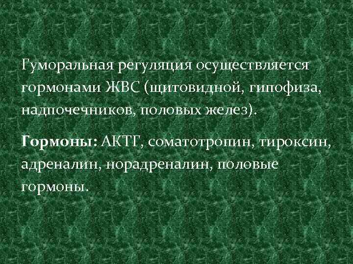 Гуморальная регуляция осуществляется гормонами ЖВС (щитовидной, гипофиза, надпочечников, половых желез). Гормоны: АКТГ, соматотропин, тироксин,